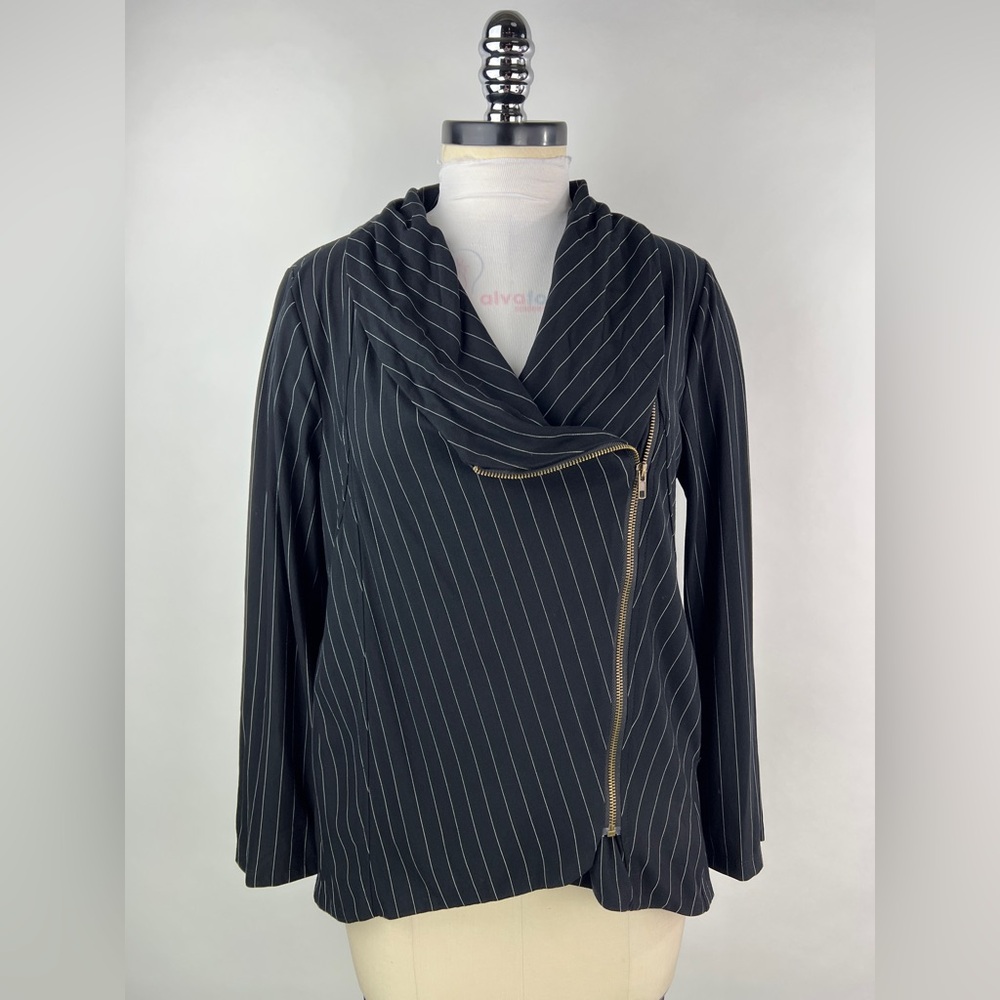 Women’s Black Pinstripe Asymmetrical Zip Jacket